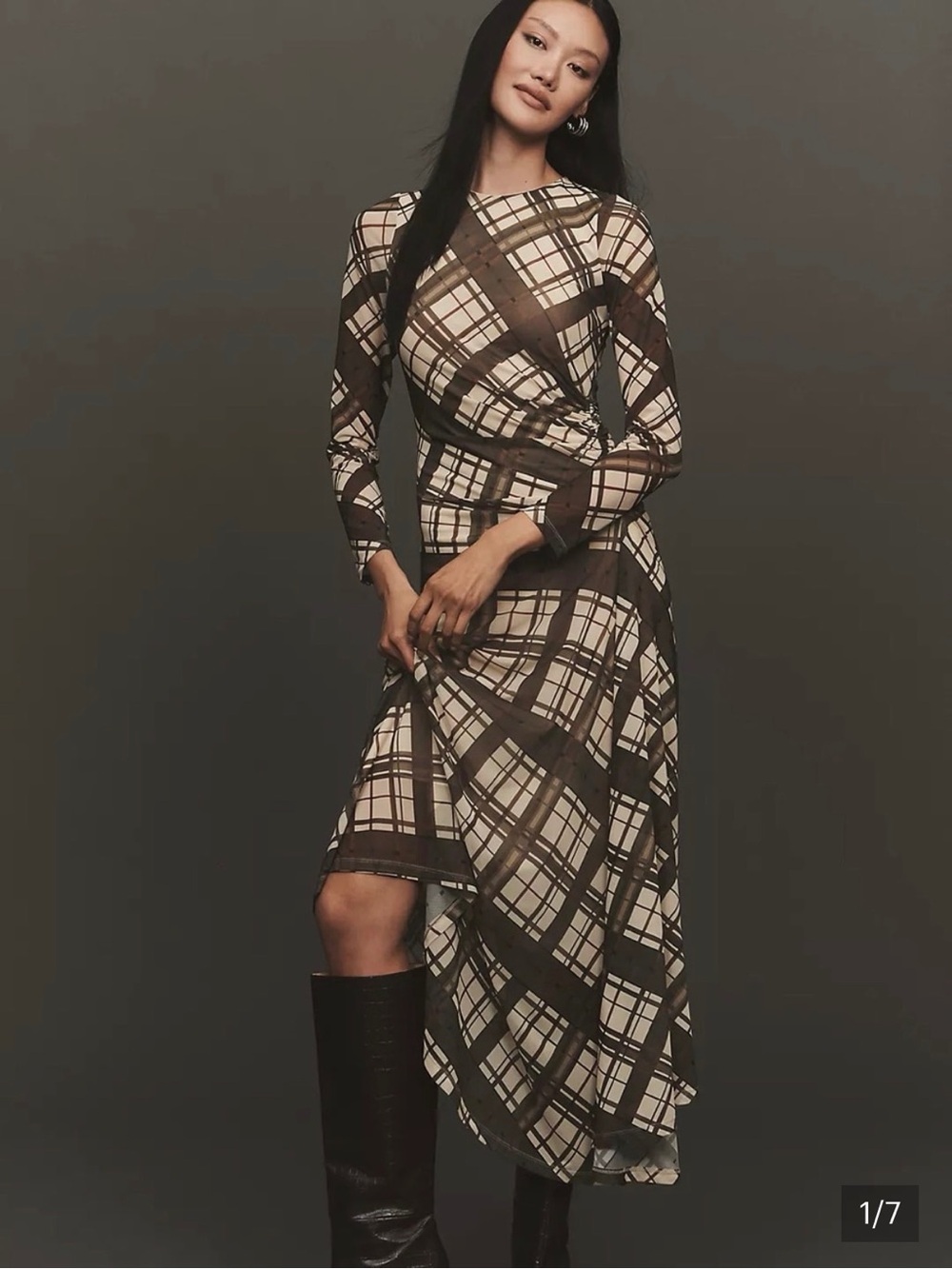 Anthropologie Ruched Mesh Midi Dress NWT XS Brown Plaid Long Sleeve Asymmetrical - Picture 4 of 8